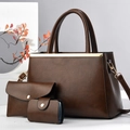 Three-piece retro dark brown tote bag set with textured leather finish and metal bar - Coffee