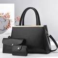 Close-up of black 3-in-1 shoulder bag set with large tote, envelope clutch and card holder - Black