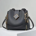 Deep grey litchi grain bucket bag with diamond metal buckle and gold chain strap - Gray