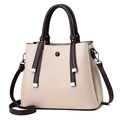 Elegant beige and dark brown contrast color satchel with litchi texture and shoulder strap - Milky White