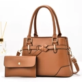 Brown textured leather handbag set with tote bag, matching wallet, and gold hardware detail - Earthy Yellow