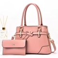 Pink PU leather tote bag set with matching wallet featuring bow and gold hardware detail - Pink