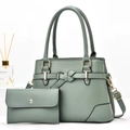 Sage green elegant tote bag and wallet set with decorative leather knot and gold hardware - Green