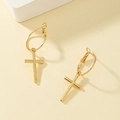 Minimalist gold cross hoop earrings with brushed metal texture shown in a top view - Gold
