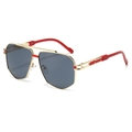 Fashionable square metal aviator sunglasses with gold frame and red temple accents - Gold Red Frame Grey Lens