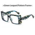 Square green leopard pattern oversized fashion glasses with a metal bridge and wide frame - Green Leopard