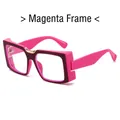 Fashionable thick magenta square frame glasses with golden metal bridge detail - Magenta