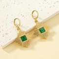 Golden leverback earrings with sunburst design and green cat eye stone pendant - Gold with Green Stone