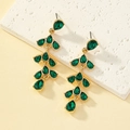 Elegant gold drop earrings with layered dark green teardrop gemstones and leaf design - Green