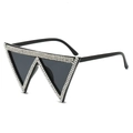 Occhiali da sole oversize chic a forma di W con strass argento e lenti grigie - Montatura Nera Strass Bianchi Lenti Grigie