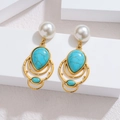 18k gold plated drop earrings with turquoise stones and white pearls on white stand - Teardrop Sky Blue Turquoise (Style C)