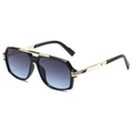 Retro square black sunglasses with golden double bridge and gradient lenses for men and women - Black Frame Grey Blue Lens