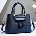 Navy blue crocodile texture tote bag with glossy patent leather and gold hardware detail - Blue