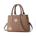 Detailed view of brown textured leather handbag with gold hardware and V-stitch design - Khaki
