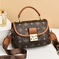 Vintage brown monogram crossbody bag with wide shoulder strap and gold hardware - Floral Coffee & Earthy Yellow