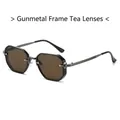 Modieuze veelhoekige zonnebril met gunmetal metalen montuur en bruine glazen - Normaal / Gunmetal Frame Thee Lenzen