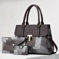 Three-piece set featuring contrast color tote bag, clutch and wallet on a white platform - Dark Brown & Grey Geometric Patchwork (Style 1)