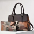 Three-piece geometric patchwork tote bag set with crossbody strap in earthy brown tones - Brown Tan Khaki & Dark Grey Patchwork (Style 5)