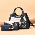 Three-piece women's handbag set in navy blue and cream with floral hollow design - Dark Blue
