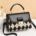 Classic black leather and argyle fabric crossbody bag with golden hardware and lock - Rhombus Pattern Black