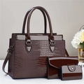 Three-piece set of wine red tote, clutch, and card holder in glossy lizard pattern leather - Coffee