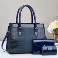 Navy blue 3-piece lizard pattern handbag set with tote, clutch and coin purse - Blue