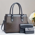 Three-piece grey-blue lizard pattern faux leather handbag set with shoulder straps - Gray
