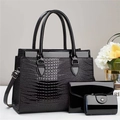 Detailed set of black patent leather tote, clutch, and card holder with crocodile pattern - Black