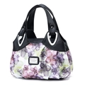 Floral print tote bag in purple and pink tones with black PU handles and silver hardware - Black Leather Purple Pink Floral (Style 1)