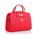 Elegant red structured handbag with gold circular handles and a deer pendant charm - Red