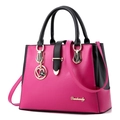 Fashionable rose red and black PU leather tote bag with elegant heart charm and gold logo - Rose Red