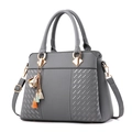 Gray textured faux leather tote bag with diamond pattern, gold hardware and tassel - Dark Gray