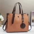 Women's patchwork faux leather tote bag with dual handles and detachable shoulder strap - Khaki/Earth Yellow