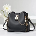 Fashionable black pebbled leather bucket bag with white contrast stitching and gold chain - Gray