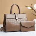Detail of mocha brown tote bag set with crocodile texture and gold T-shaped metal buckle - Khaki