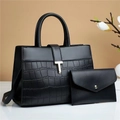 Chic black crocodile embossed leather handbag and wallet set with elegant gold hardware - Black