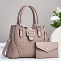 Beige embossed tote bag set with matching clutch and stylish geometric woven texture - Khaki