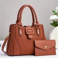 Caramel tan tote and wallet set featuring woven texture and golden hardware details - Earthy Yellow