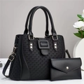 Black woven textured tote bag set with detachable shoulder strap and matching clutch - Black