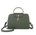 Dark green embossed handbag with golden metal handles, deer charm, and crossbody strap - Green