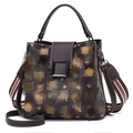 Dark brown trapezoid handbag with M pattern and red-green striped shoulder strap - Coffee Crown