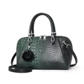 Boston handbag in dark green crocodile texture with black rose charm and shoulder strap - Green