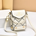 Chic white leather shoulder bag with chic black line print and elegant pearl chain strap - Milky White