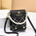 Black quilted cell phone bag with white wave stitching and elegant pearl handle - Black
