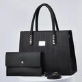 Two-piece black tote bag set with woven texture and matching envelope clutch purse - Black