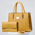 Three-piece yellow fashion tote bag set with textured exterior and matching clutch - Beige