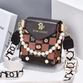 Checkerboard pattern crossbody bag with pearl chain and printed wide shoulder strap - Coffee