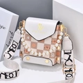 Mini checkered crossbody bag with cat patterns, pearl handle, and wide strap - Off White