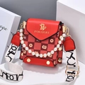 Fashion red checkered crossbody bag with cat print, pearl chain, and wide strap - Red