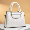 White faux leather tote bag with stone pattern checkerboard texture and gold hardware - Grid Off-white